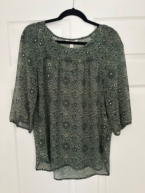 LC Lauren Conrad Olive Green Printed Sheer Boho Blouse